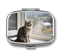 Pilulier de voyage à 2 compartiments en forme de chat sur le rebord de la fenêtre avec miroir - Étanche - 2 fois par jour - Portable - Pour sac à main et poche - Rectangulaire - Argenté