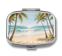 Pilulier de voyage à 2 compartiments en forme de cocotier dans un ciel bleu avec miroir, étanche, 2 fois par jour, conteneur portable pour sac à main et poche rectangulaire, argenté
