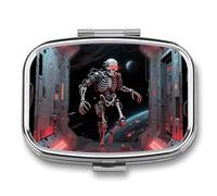 Pilulier de voyage à 2 compartiments en forme de tête de mort avec miroir, étanche, 2 fois par jour, conteneur portable pour sac à main et poche rectangulaire, argenté