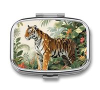 Pilulier de voyage à 2 compartiments - Imprimé botanique - Avec miroir - Étanche - 2 fois par jour - Portable - Pour sac à main et poche - Rectangulaire - Argenté