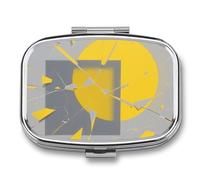 Pilulier de voyage à 2 compartiments jaune et gris abstrait avec miroir - Étanche - 2 fois par jour - Portable - Pour sac à main et poche - Rectangulaire - Argenté