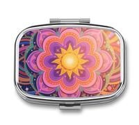 Pilulier de voyage à 2 compartiments Mandala bohème avec miroir étanche 2 fois par jour - Portable - Pour sac à main et poche - Rectangulaire - Argenté