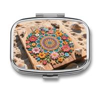 Pilulier de voyage à 2 compartiments motif mandala floral bohème avec miroir, étanche, 2 fois par jour, conteneur portable pour sac à main et poche rectangulaire, argenté