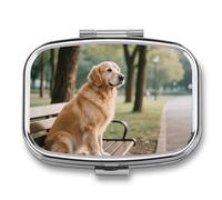 Pilulier de voyage à 2 compartiments pour chien reposant sur un banc avec miroir - Étanche - 2 fois par jour - Portable - Pour sac à main et poche - Rectangulaire - Argenté