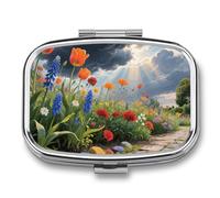 Pilulier de voyage à 2 compartiments - Style moderne vintage - Motif floral - Avec miroir - Étanche - 2 fois par jour - Portable - Pour sac à main et poche - Rectangulaire - Argenté