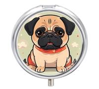 Pilulier de voyage à 3 compartiments avec carlin de dessin animé - 3 fois par jour - Joli mini pilulier pour sac à main et poche - Boîte à médicaments portable en métal avec miroir - Récipient rond
