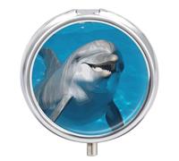 Pilulier de voyage à 3 compartiments avec miroir - Dauphin avec sourire - Pilulier quotidien en métal pour sac à main et poche - Petite boîte à médicaments ronde - Boîte à vitamines