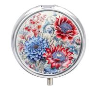 Pilulier de voyage à 3 compartiments avec miroir et miroir - Motif fleurs rouges et bleues
