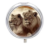 Pilulier de voyage à 3 compartiments avec miroir - Lion africain et lionne - Pilulier de voyage en métal pour sac à main et poche - Petite boîte à médicaments ronde pour vitamines