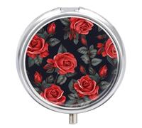 Pilulier de voyage à 3 compartiments avec motif de roses rouges - 3 fois par jour - Joli mini pilulier pour sac à main et poche - Boîte à médicaments portable en métal avec miroir - Récipient rond