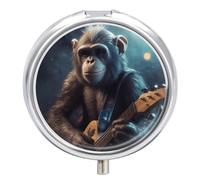 Pilulier de voyage à 3 compartiments avec motif singe jouant de la guitare - 3 fois par jour - Joli mini pilulier pour sac à main et poche - Boîte à médicaments portable en métal avec miroir