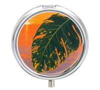 Pilulier de voyage à 3 compartiments en feuilles de palmier tropicales avec miroir, étanche, 3 fois par jour, récipient portable pour sac à main et poche, rond, argenté