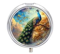 Pilulier de voyage à 3 compartiments en forme de paon - 3 fois par jour - Joli mini pilulier pour sac à main et poche - Boîte à médicaments portable en métal avec miroir - Récipient rond pour