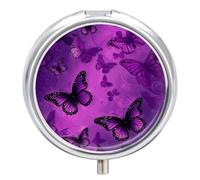 Pilulier de voyage à 3 compartiments en forme de papillon violet - 3 fois par jour - Joli mini pilulier pour sac à main et poche - Boîte à médicaments portable en métal avec miroir - Récipient rond