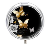 Pilulier de voyage à 3 compartiments en forme de papillons dorés - 3 fois par jour - Joli mini pilulier pour sac à main et poche - Boîte à médicaments portable en métal avec miroir - Récipient rond