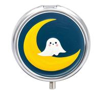Pilulier de voyage à 3 compartiments Ghost and Moon - 3 fois par jour - Joli mini pilulier pour sac à main et poche - Boîte à médicaments portable en métal avec miroir - Récipient rond pour