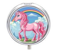 Pilulier de voyage à 3 compartiments - Motif cheval magique - 3 fois par jour - Joli mini pilulier pour sac à main et poche - Boîte à médicaments portable en métal avec miroir - Récipient rond pour