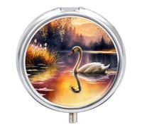 Pilulier de voyage à 3 compartiments, petit étui à médicaments, récipient de poche quotidien pour pharmacie, distributeur de médicaments en métal pour vitamines - Coucher de soleil, cygne, lac avec