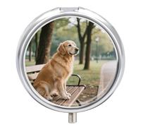 Pilulier de voyage à 3 compartiments pour chien reposant sur un banc, avec miroir, étanche, 3 fois par jour, conteneur portable pour sac à main et poche, rond argenté