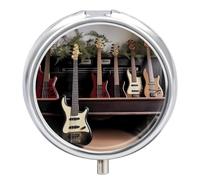 Pilulier de voyage à 3 compartiments pour guitare basse 3 fois par jour - Joli mini pilulier pour sac à main et poche - Boîte à pharmacie portable en métal avec miroir rond pour médicaments quotidiens