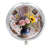 Pilulier de voyage à 3 compartiments style bohème moderne vintage floral avec miroir étanche 3 fois par jour pour sac à main et poche rond argenté
