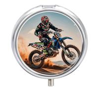 Pilulier de voyage à 3 compartiments sur le thème des courses de motocross, 3 fois par jour, mignon mini pilulier pour sac à main et poche, boîte à médicaments portable en métal avec miroir rond pour
