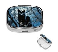 Pilulier de voyage avec 2 compartiments - Petit pilulier pour sac à main et poche - Organisateur de médicaments portable - Chat noir sur l'arbre - Joli pilulier rond pour vitamines, médicaments, huile