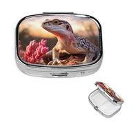 Pilulier de voyage avec 2 compartiments - Petit pilulier pour sac à main et poche - Organisateur de médicaments portable - Lézard blanc - Joli récipient rond pour vitamines, médicaments, huile de