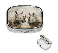 Pilulier de voyage avec 2 compartiments - Petit pilulier pour sac à main et poche - Organisateur de médicaments portable - Deux rhinocéros - Récipient rond mignon pour vitamines, médicaments, huile de