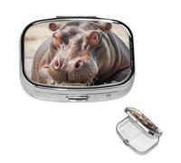 Pilulier de voyage avec 2 compartiments - Petit pilulier pour sac à main et poche - Organisateur de médicaments portable - Hippopotame dans l'eau - Joli pilulier rond pour vitamines, médicaments,