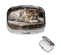 Pilulier de voyage avec 2 compartiments - Petit pilulier pour sac à main et poche - Organisateur de médicaments portable - Chat endormi - Joli pilulier rond pour vitamines, médicaments, huile de