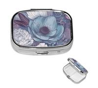 Pilulier de voyage avec 2 compartiments - Petit pilulier pour sac à main et poche - Organiseur de médicaments portable - Motif floral bleu - Joli pilulier rond pour vitamines, médicaments, huile de