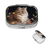 Pilulier de voyage avec 2 compartiments - Petit pilulier pour sac à main et poche - Organiseur portable pour médicaments - Chat et lumières de Noël - Joli pilulier rond pour vitamines, médicaments