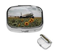 Pilulier de voyage avec 2 compartiments - Petit pilulier pour sac à main et poche - Organiseur portable pour médicaments - Volts d'avion vers le champ de tournesol - Joli pilulier rond pour vitamines,