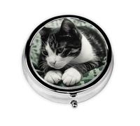 Pilulier de voyage avec 3 compartiments - Petit pilulier pour sac à main et poche - Organisateur de médicaments portable - Chat noir et blanc - Joli pilulier rond pour vitamines, médicaments, huile de