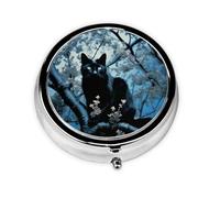 Pilulier de voyage avec 3 compartiments - Petit pilulier pour sac à main et poche - Organisateur de médicaments portable - Chat noir sur l'arbre - Joli pilulier rond pour vitamines, médicaments, huile
