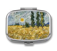 Pilulier de voyage avec champs de blé et cyprès - 2 compartiments - Avec miroir - Pour sac à main, poche ou portefeuille