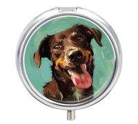 Pilulier de voyage avec image de chien souriant à 3 compartiments - 3 fois par jour - Joli mini pilulier pour sac à main et poche - Boîte à médicaments portable en métal avec miroir - Récipient rond