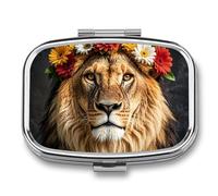 Pilulier de voyage avec lion africain portant une fleur sur sa tête - Pilulier quotidien pour compléments alimentaires - 2 compartiments - Pratique pour transporter et ranger des médicaments