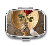 Pilulier de voyage avec rose rouge dans un vase à bijoux, pilulier hebdomadaire à 2 compartiments avec miroir pour sac à main, poche ou portefeuille
