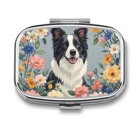 Pilulier de voyage Border Collie Florals - Pilulier quotidien pour compléments alimentaires - 2 compartiments - Pratique pour transporter et ranger des médicaments