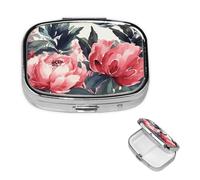 Pilulier de voyage carré en métal à 2 compartiments - Motif pivoines - Pour médicaments et vitamines - Cadeau unique