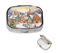 Pilulier de voyage carré en métal à 2 compartiments - Village de Noël magique - Pour homme et femme - Cadeau unique
