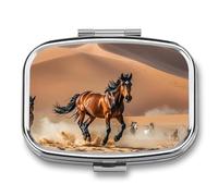 Pilulier de voyage carré en métal avec 2 compartiments pour médicaments et vitamines - Motif chevaux qui courent dans la tempête du désert