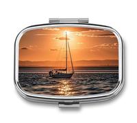 Pilulier de voyage carré flottant motif bateau à voile - 2 compartiments - En métal - Pour médicaments et vitamines