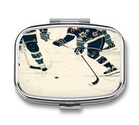 Pilulier de voyage carré portable à motif hockey sur glace à 2 compartiments avec rangement de vitamines pour le bureau, la maison, l'huile de poisson