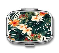 Pilulier de voyage compact en métal pour sac à main avec 2 compartiments Motif fleurs hawaïennes et feuilles de palmier