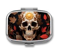Pilulier de voyage décoré de crâne de soleil - Pilulier hebdomadaire à 2 compartiments avec miroir - Organiseur de médicaments pour sac à main, poche ou portefeuille