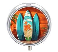 Pilulier de voyage en bois 3 compartiments pour planche de surf - 3 fois par jour - Joli mini pilulier pour sac à main et poche - Boîte à médicaments portable en métal avec miroir - Récipient rond