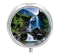 Pilulier de voyage en cascade de montagne scénique pour sac à main, organiseur de médicaments hebdomadaire avec miroir, 3 compartiments ronds, pilulier portable pour le quotidien